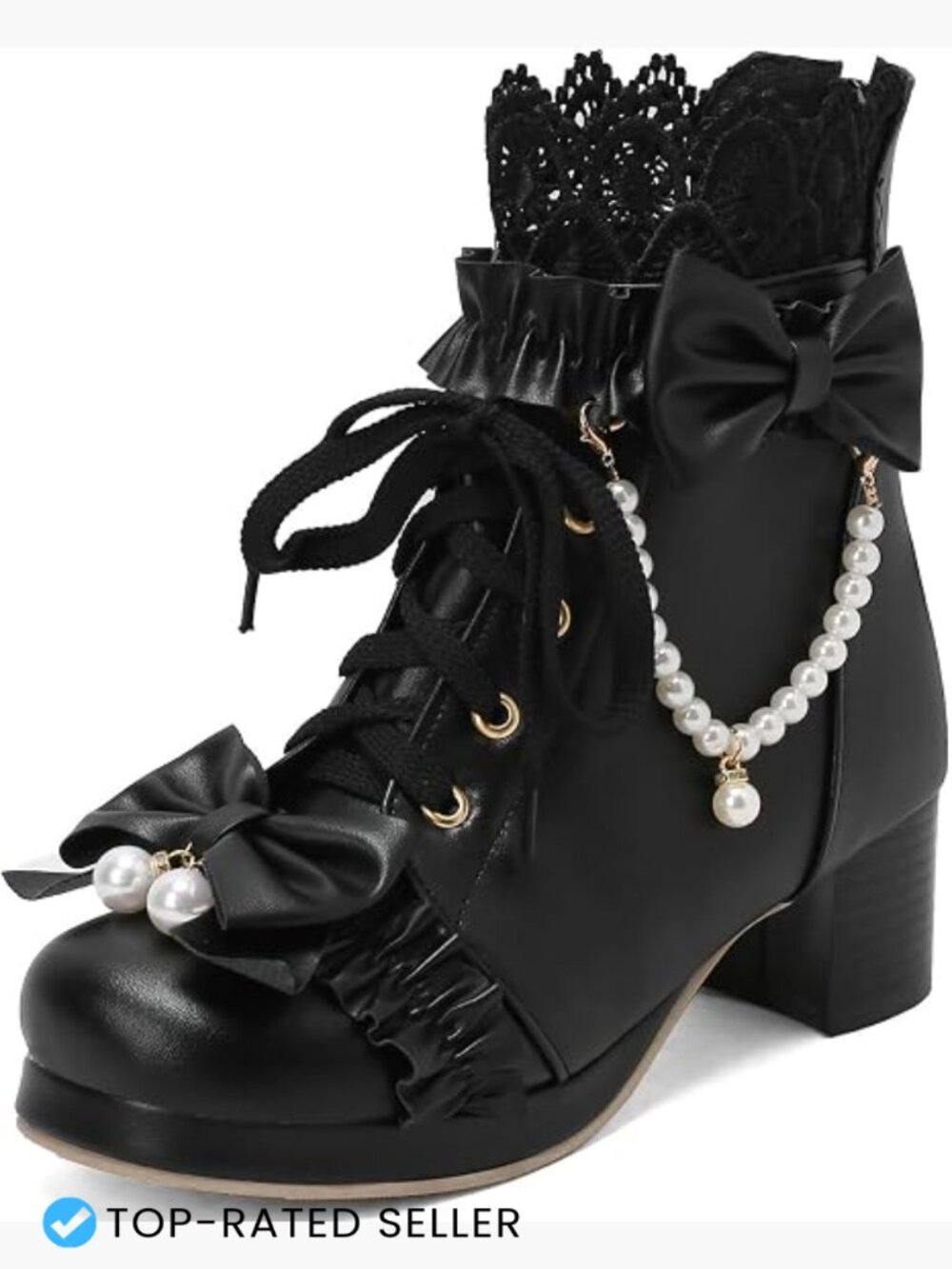 Chunky Mid Heel Ankle Boots with Bow Platform Lace Up Booties Pearl Detail Cute